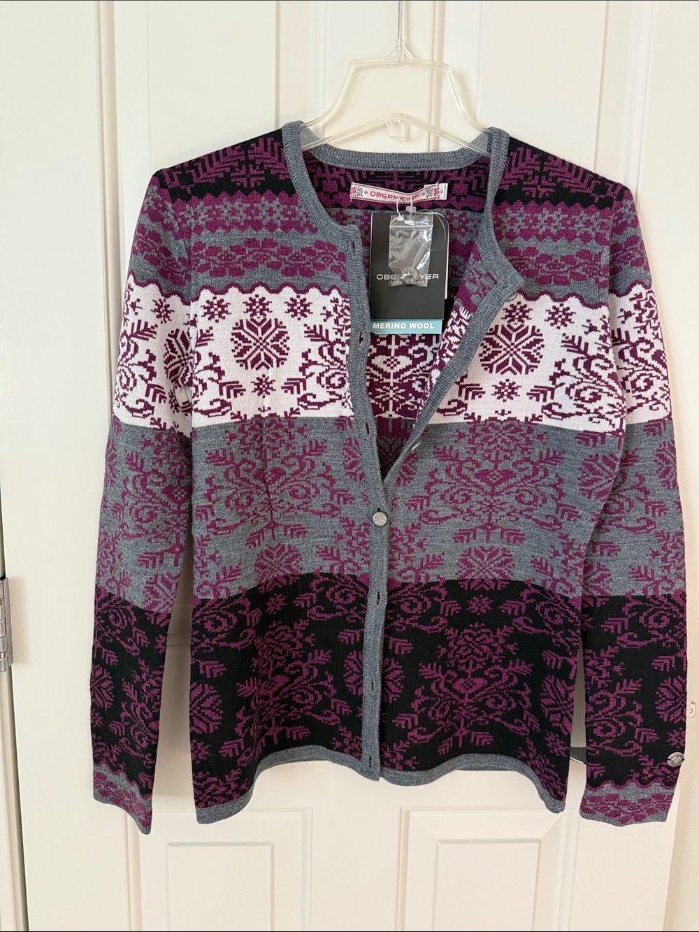 Obermeyer Gray, Purple & White Fair Isle Merino Cardigan NWT